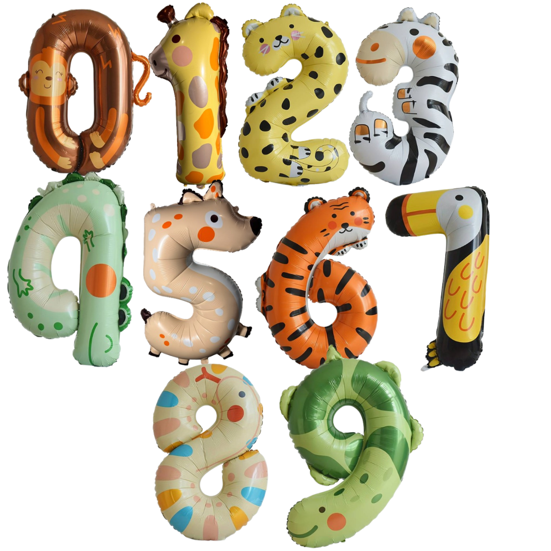Giant Animal Number Balloon Set 0–9 | 40" Jungle Safari Foil Balloons | Kids Birthday Party Decoration UK