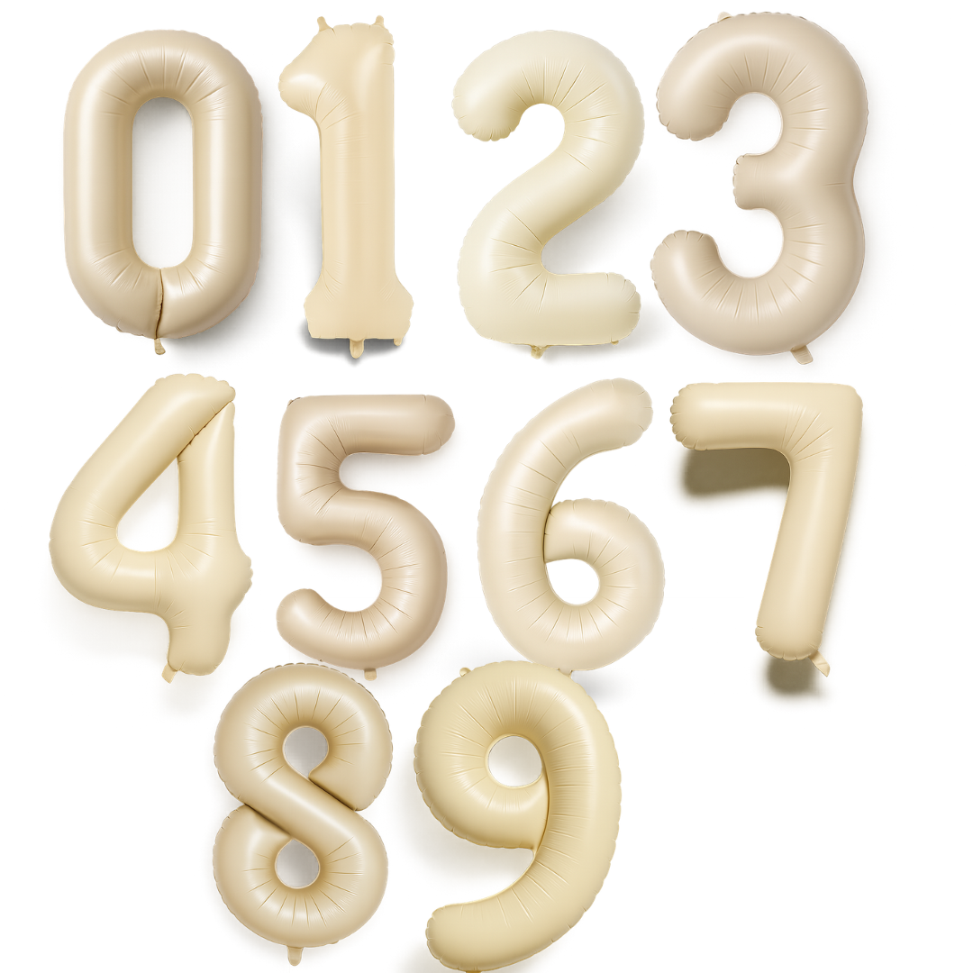 Giant Number Balloon Set 0–9 | Beige White Pink Blue & Brown | 40" Neutral Foil Birthday Decoration UK
