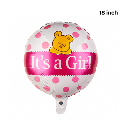 Pink It’s a Girl round foil balloon for newborn welcome and gender reveal party