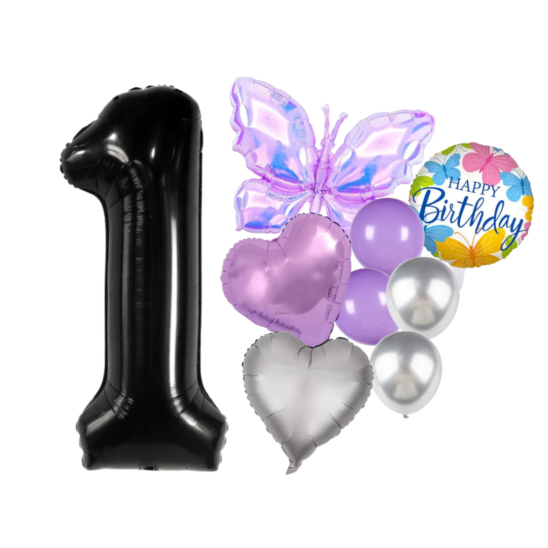 Birthday balloon set featuring large black number 1, purple butterfly foil balloon, lilac and silver latex balloons, and “Happy Birthday” round balloon — perfect for kids’ or adult celebrations.