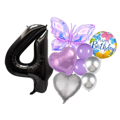 Birthday balloon set featuring large black number 4, purple butterfly foil balloon, lilac and silver latex balloons, and “Happy Birthday” round balloon — perfect for kids’ or adult celebrations.