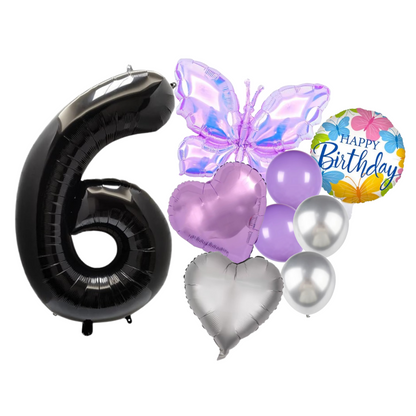 Birthday balloon set featuring large black number 6, purple butterfly foil balloon, lilac and silver latex balloons, and “Happy Birthday” round balloon — perfect for kids’ or adult celebrations.