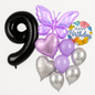 Birthday balloon set featuring large black number 9, purple butterfly foil balloon, lilac and silver latex balloons, and “Happy Birthday” round balloon — perfect for kids’ or adult celebrations.