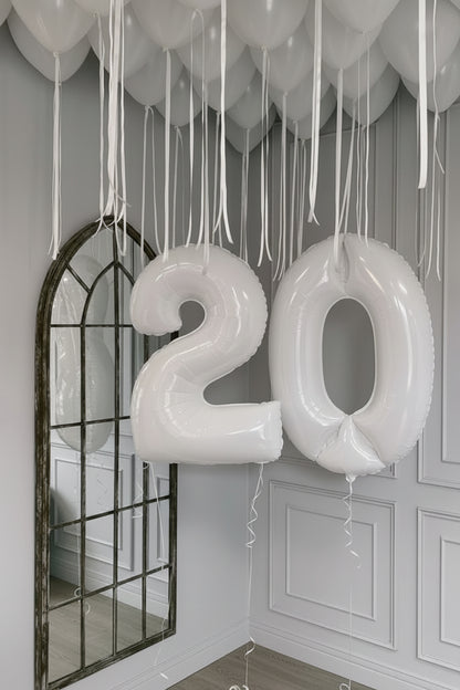 giant white number 0 foil balloon size guide showing seam and valve detail
