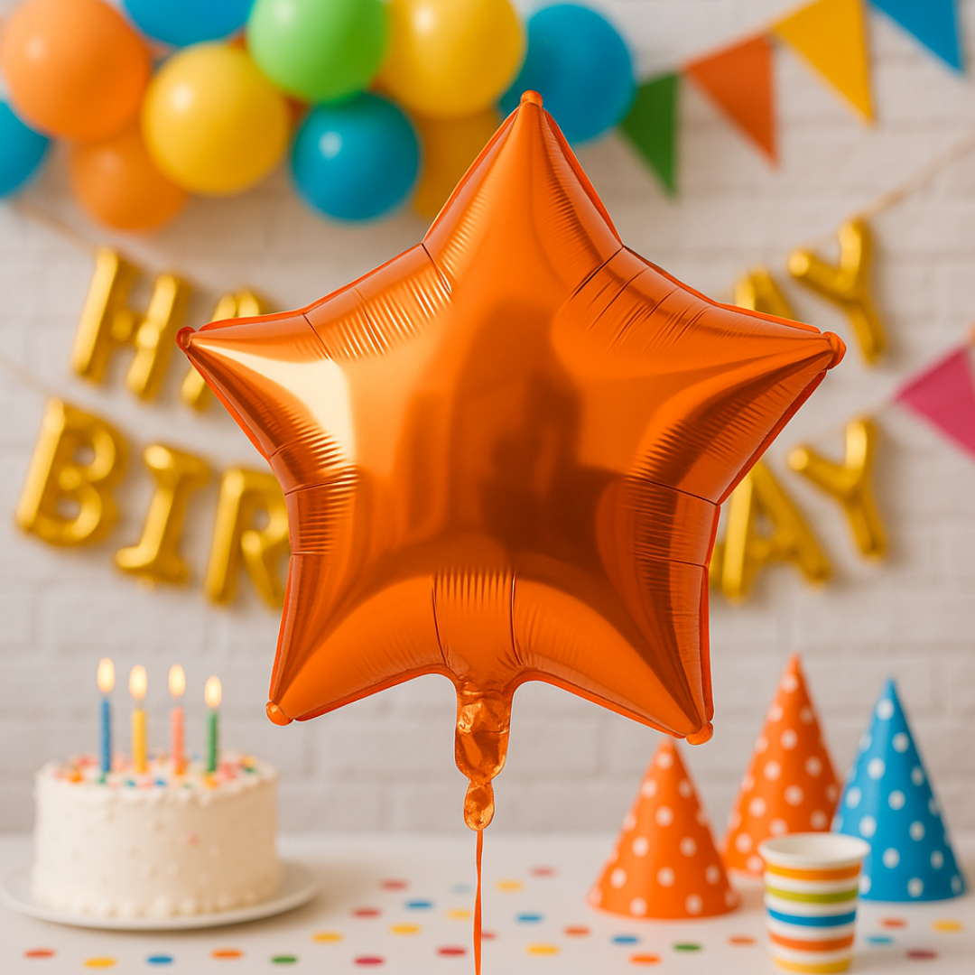 Orange Star Foil Balloon – 18 Inch | Helium or Air | Birthday & Party Decoration