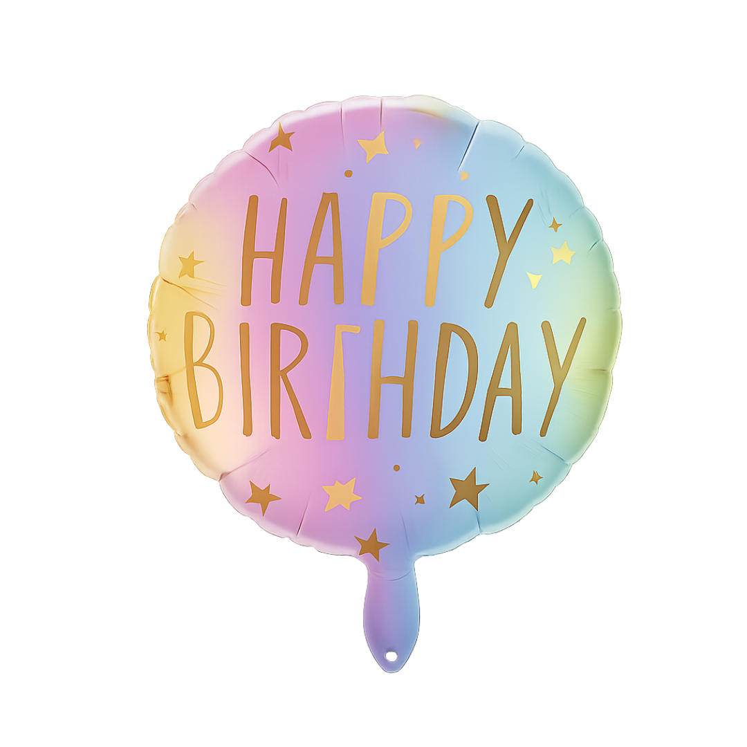 Happy Birthday Balloon – Round Rainbow Foil Balloon with Gold Lettering and Stars