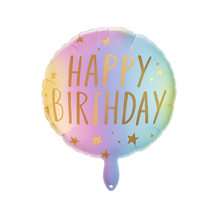Happy Birthday Balloon – Round Rainbow Foil Balloon with Gold Lettering and Stars