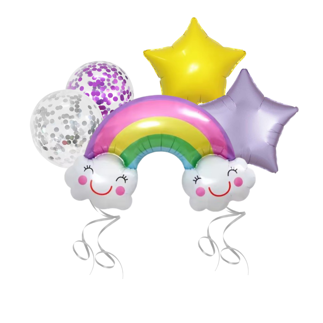 Colourful rainbow foil balloon with two smiling clouds, purple and yellow star balloons, and transparent confetti balloons — perfect for kids’ birthday or baby shower decorations.