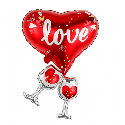 Romantic red heart foil balloon with ‘Love’ text and wine glasses – Valentine’s decoration foil
