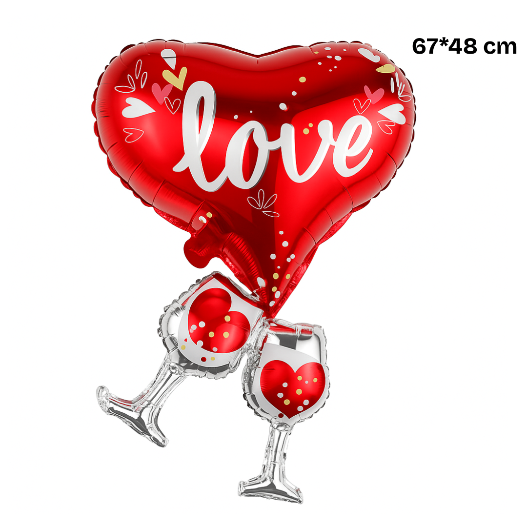 Romantic red heart foil balloon with ‘Love’ text and wine glasses – Valentine’s decoration