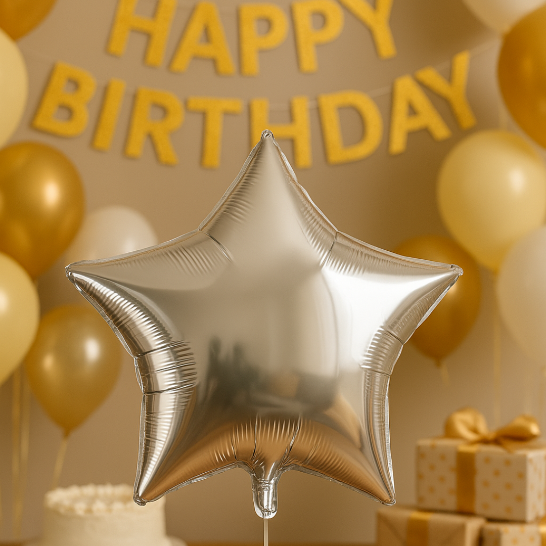 Silver Star Foil Balloon – 18" Shiny Star-Shaped Helium Air Balloon for Birthday or Event Decor