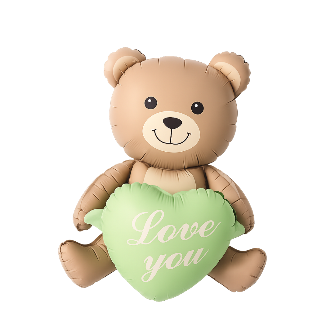 Teddy Bear Balloon with Green Heart "Love You" – Cute Foil Balloon for Baby Showers, Birthdays & Romantic Gifts