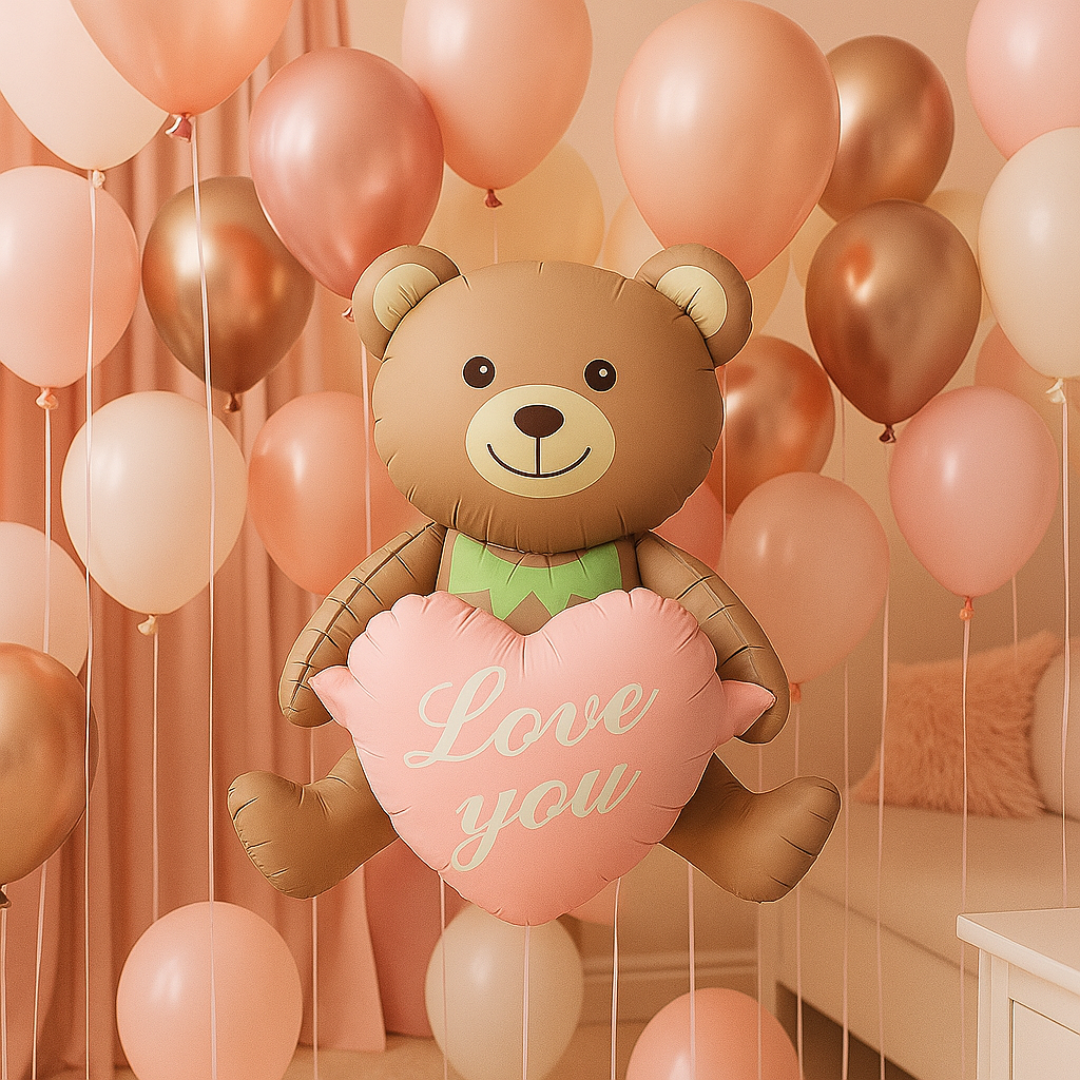 Teddy Bear Balloon with Pink Heart "Love You" – Cute Foil Balloon for Anniversaries, Baby Showers & Birthdays