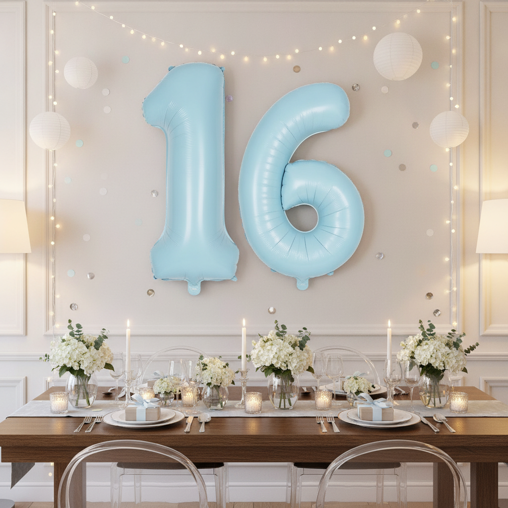 Baby Blue 16th birthday party decoration with number balloons