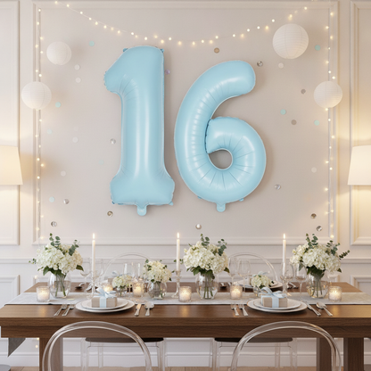 Baby Blue 16th birthday party decoration with number balloons