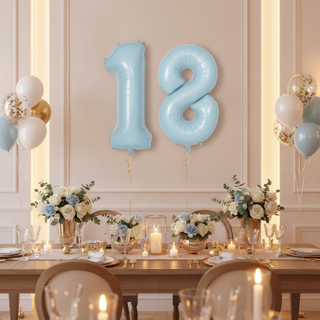 Baby Blue 18th birthday party decoration with number balloons