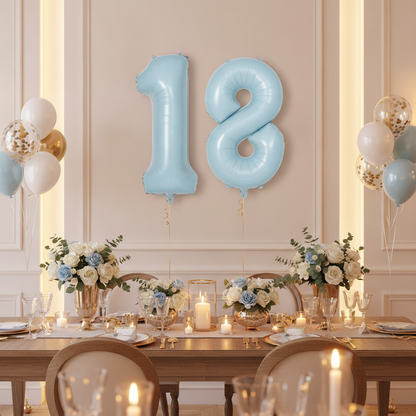 Baby Blue 18th birthday party decoration with number balloons
