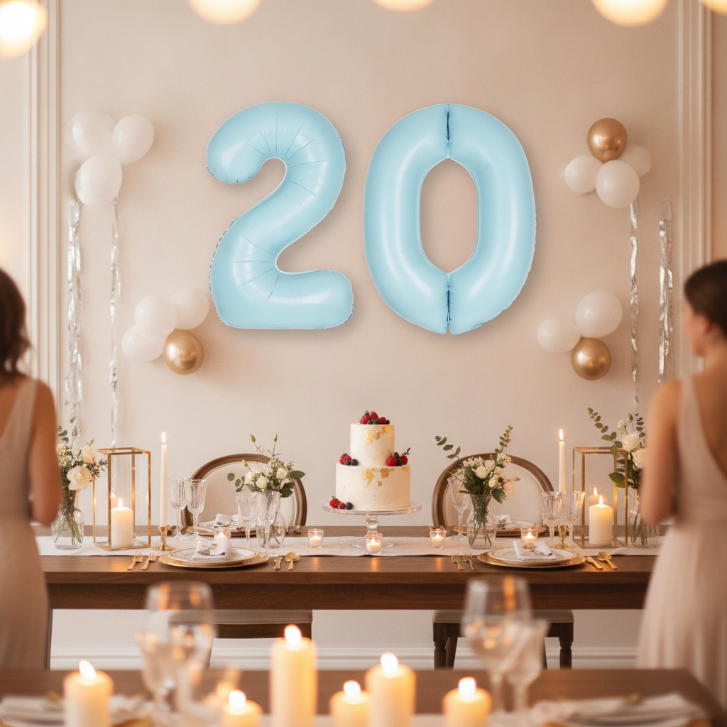 Baby Blue 20th birthday party decoration with number balloons