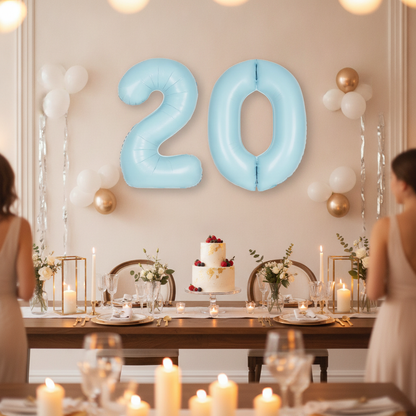 Baby Blue 20th birthday party decoration with number balloons
