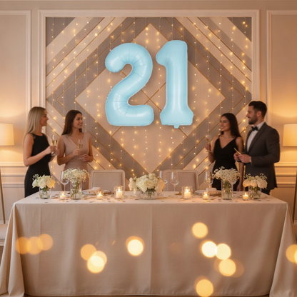 Baby Blue 21st birthday party decoration with number balloons