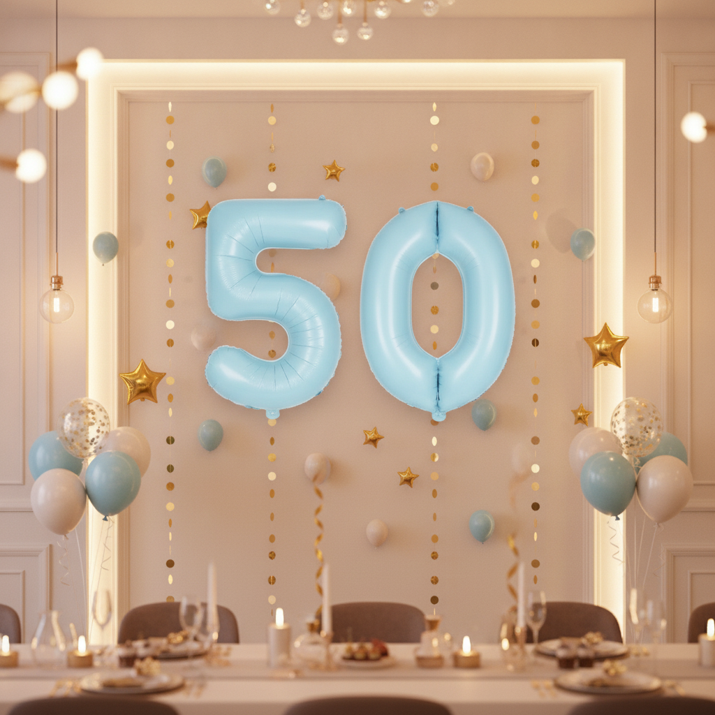 Baby Blue 50th birthday party decoration with number balloons