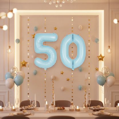 Baby Blue 50th birthday party decoration with number balloons