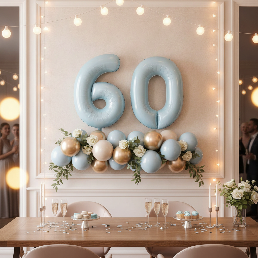 Baby Blue 60th birthday party decoration with number balloons