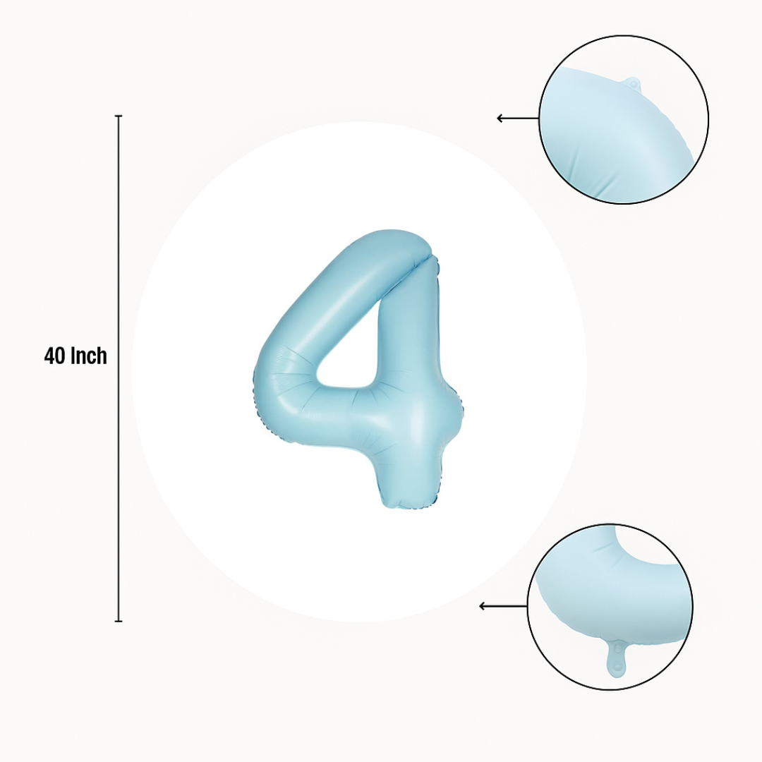 40 inch baby blue number 4 foil balloon size guide showing seam and valve detail