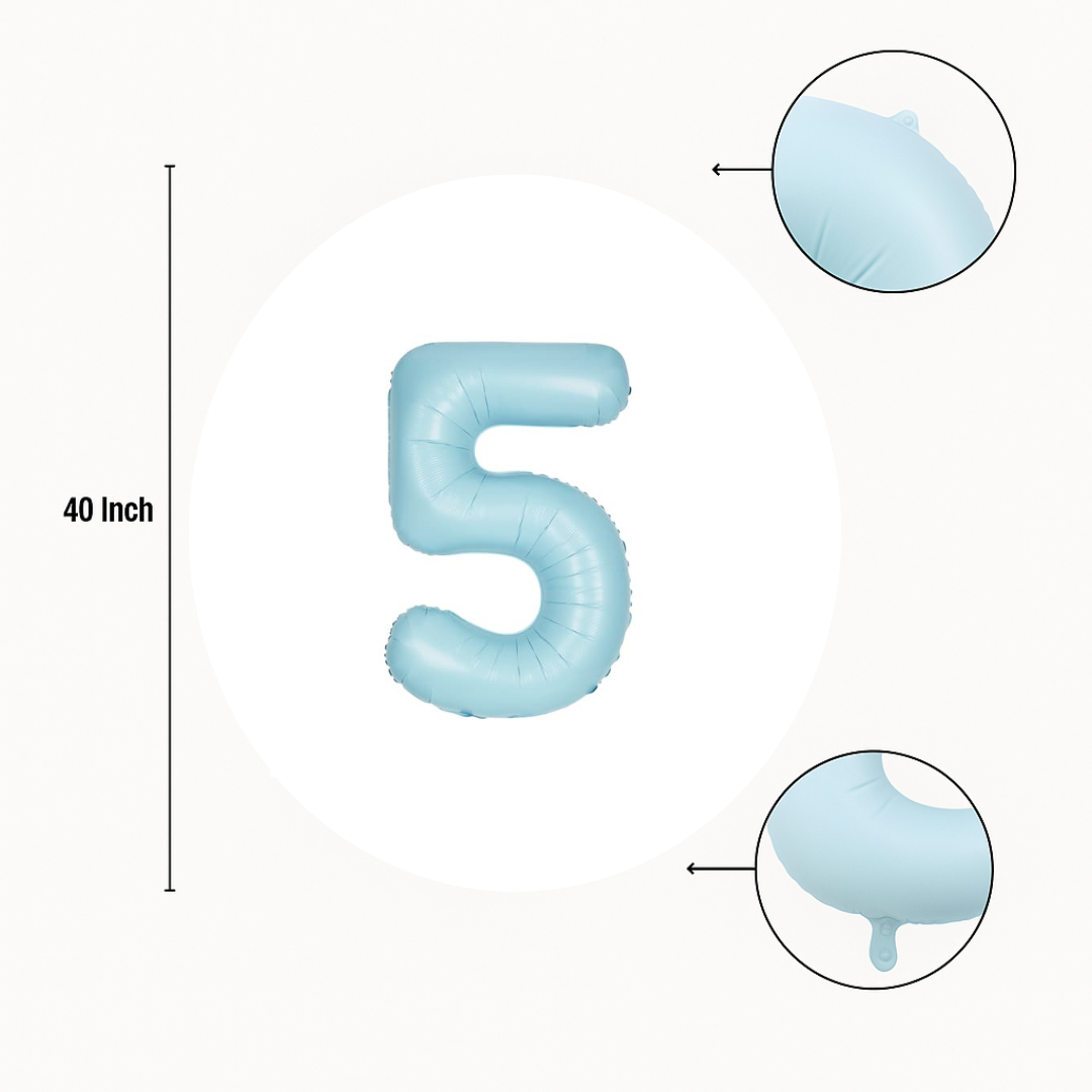 40 inch baby blue number 5 foil balloon size guide showing seam and valve detail