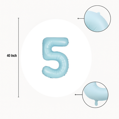 40 inch baby blue number 5 foil balloon size guide showing seam and valve detail
