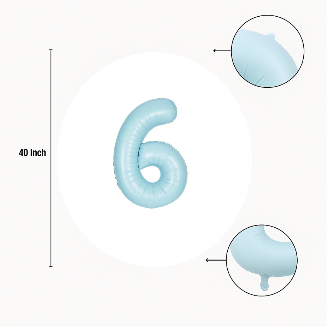 40 inch baby blue number 6 foil balloon size guide showing seam and valve detail