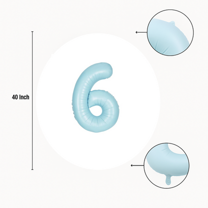 40 inch baby blue number 6 foil balloon size guide showing seam and valve detail