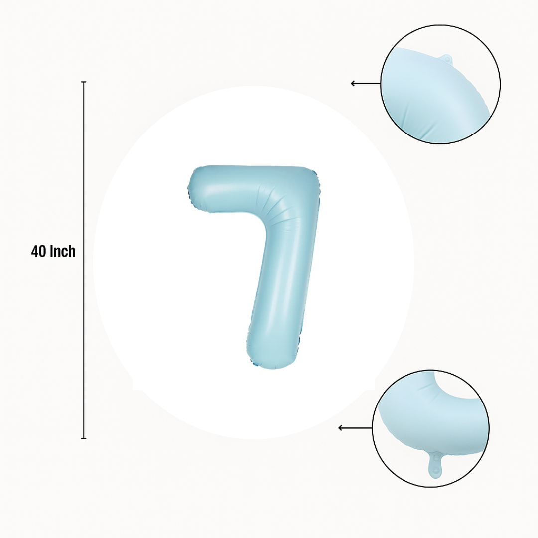 40 inch baby blue number 7 foil balloon size guide showing seam and valve detail