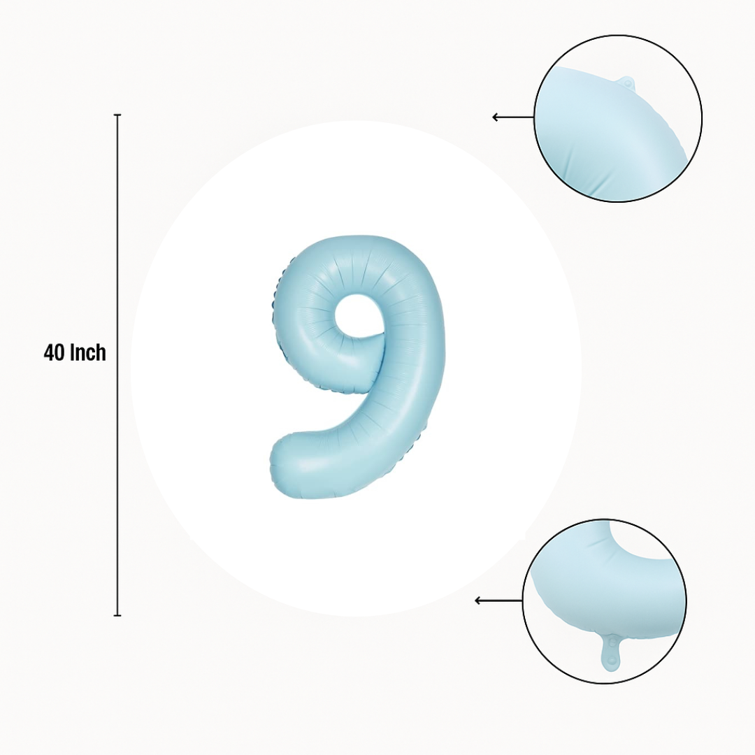 40 inch baby blue number 9 foil balloon size guide showing seam and valve detail
