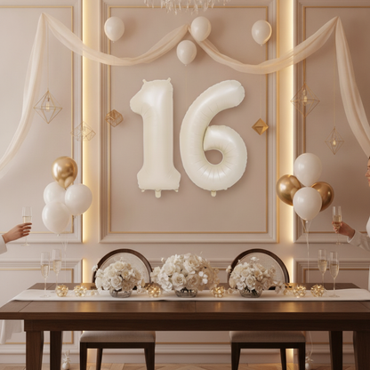 Beige 16th birthday party decoration with number balloons