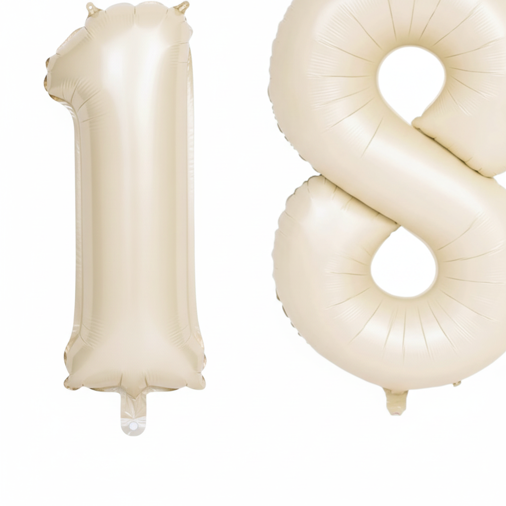 Beige 18th birthday 40 inch foil number balloons self-sealing valves and tabs close-up detail