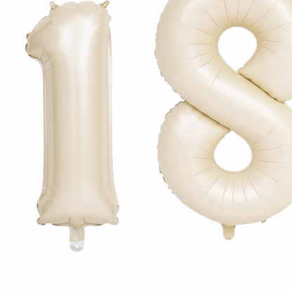 Beige 18th birthday 40 inch foil number balloons self-sealing valves and tabs close-up detail
