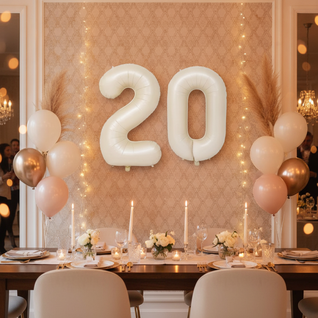 Beige 20th birthday party decoration with number balloons