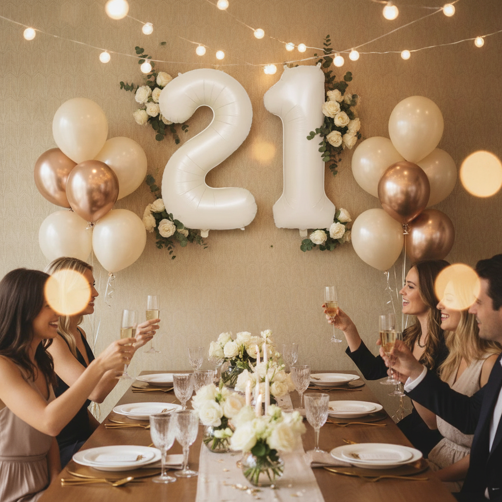 Beige 21st birthday party decoration with number balloons