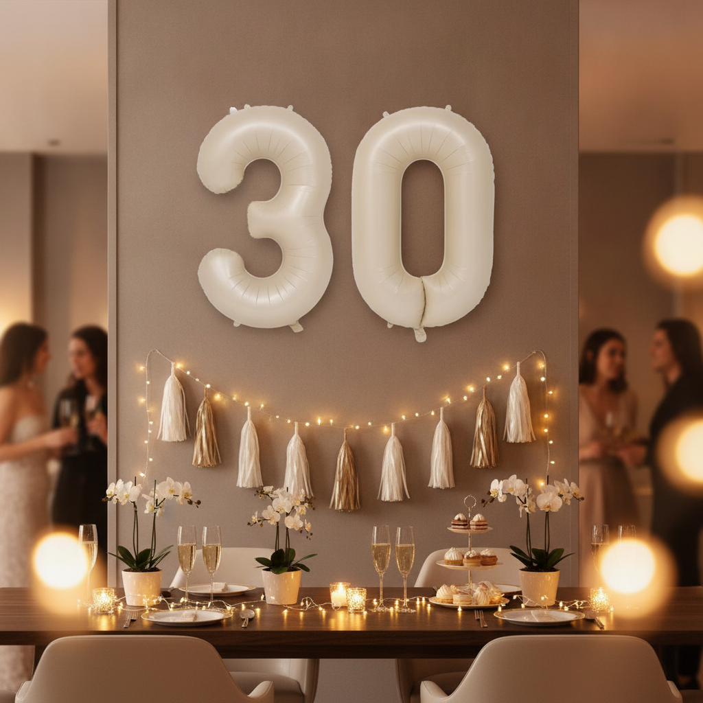 Beige 30th birthday party decoration with number balloons