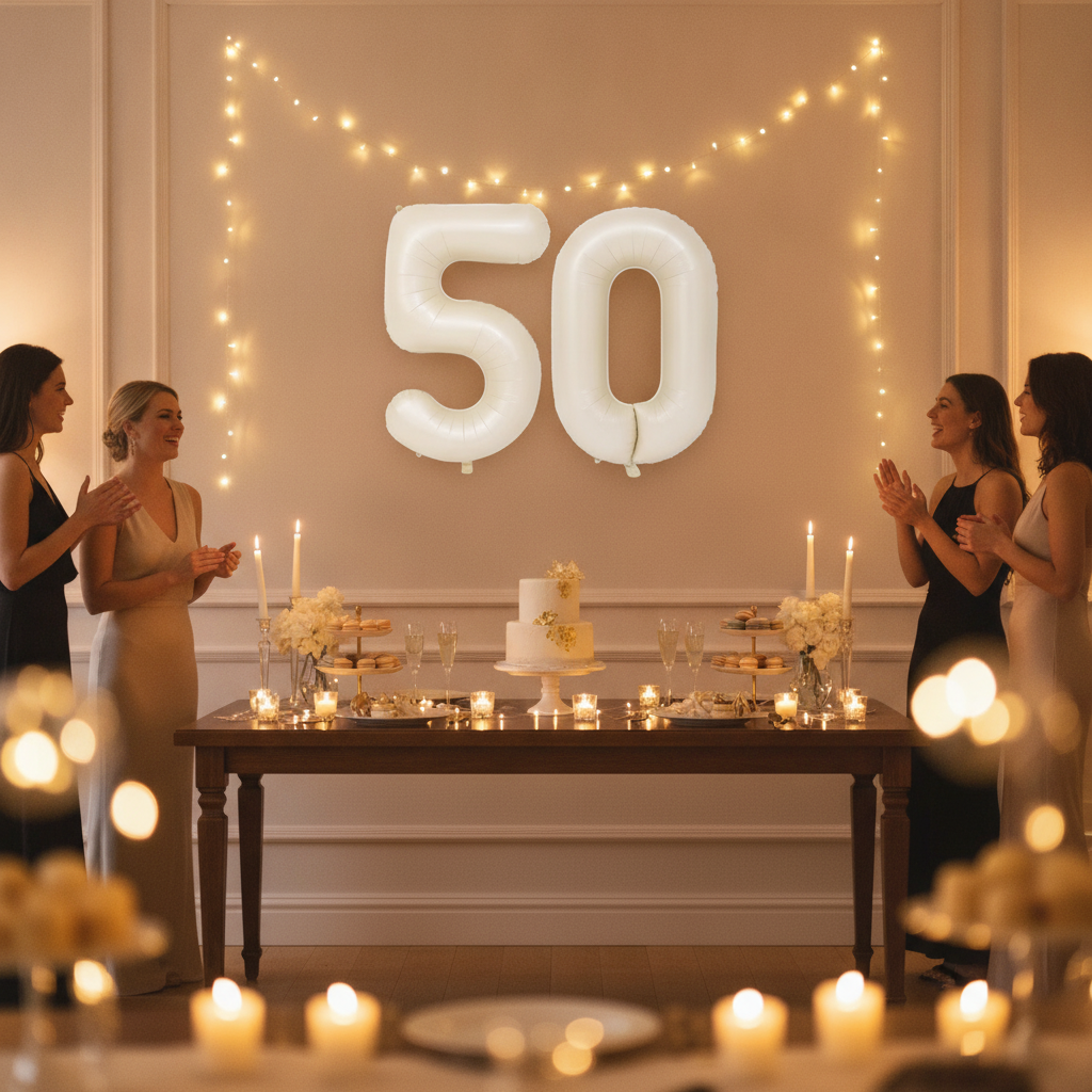 Beige 50th birthday party decoration with number balloons