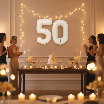 Beige 50th birthday party decoration with number balloons