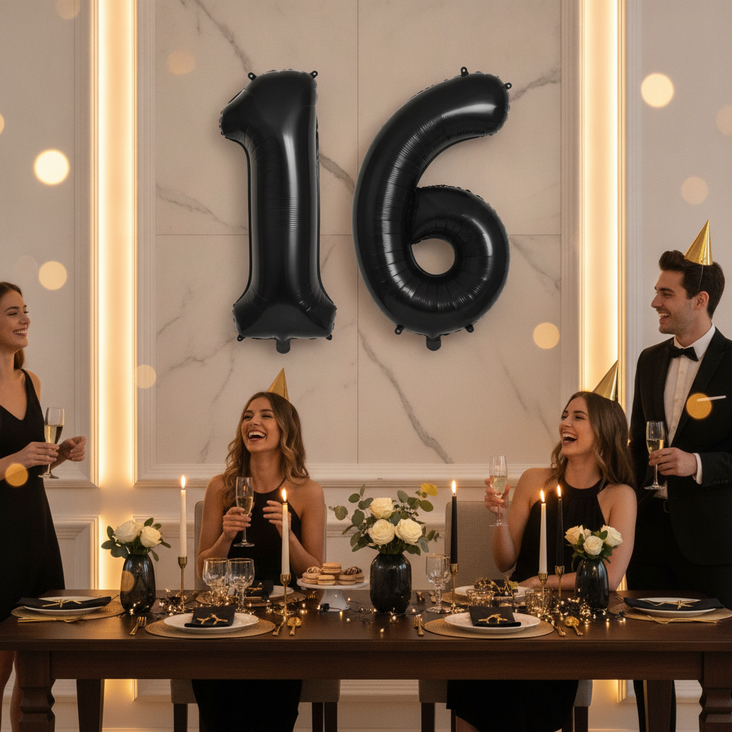 Black 16th birthday party decoration with number balloons