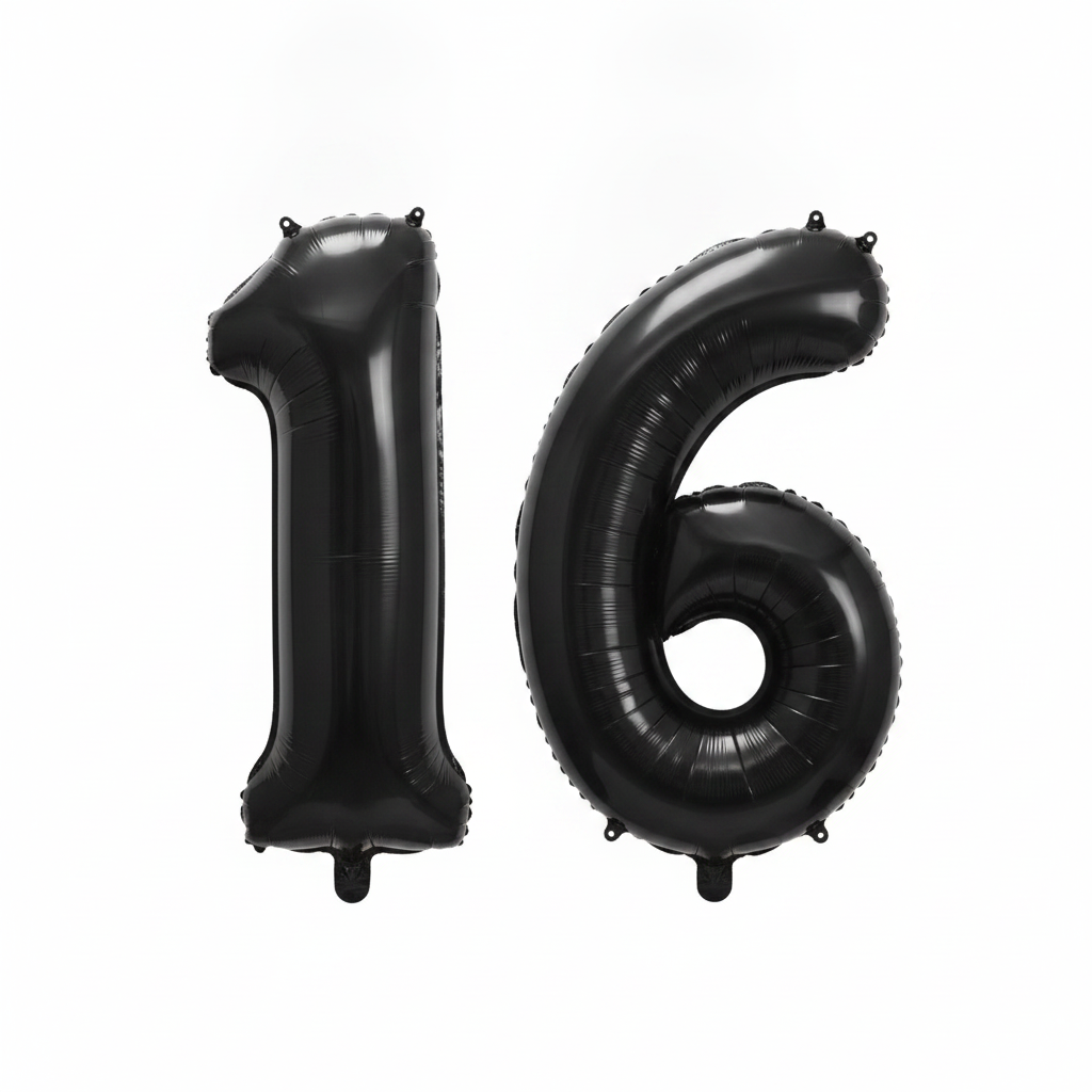 Black 16th birthday number balloons 40 inch foil set