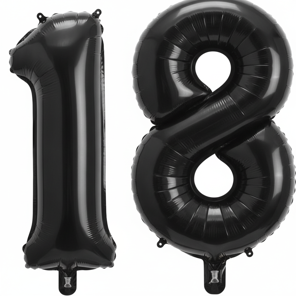 Black 18th birthday 40 inch foil number balloons self-sealing valves and tabs close-up detail