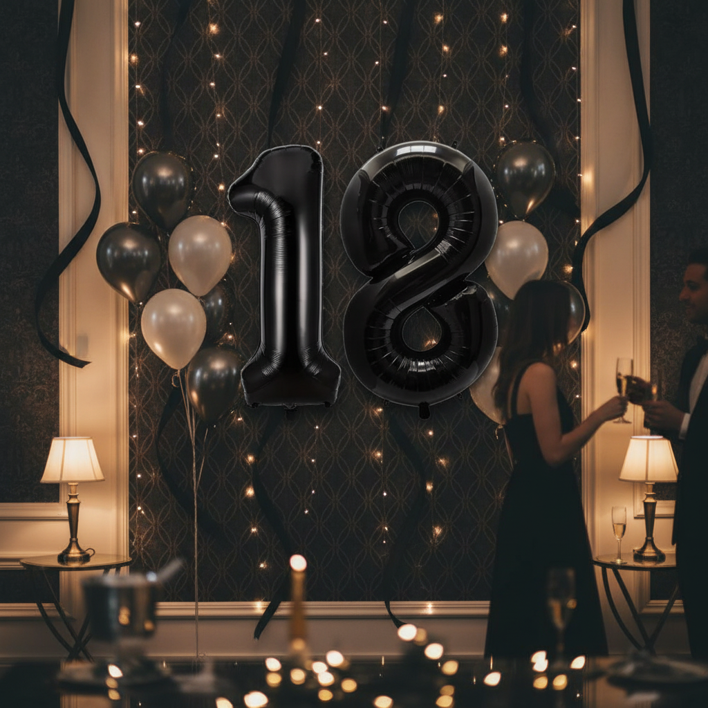 Black 18th birthday party decoration with number balloons