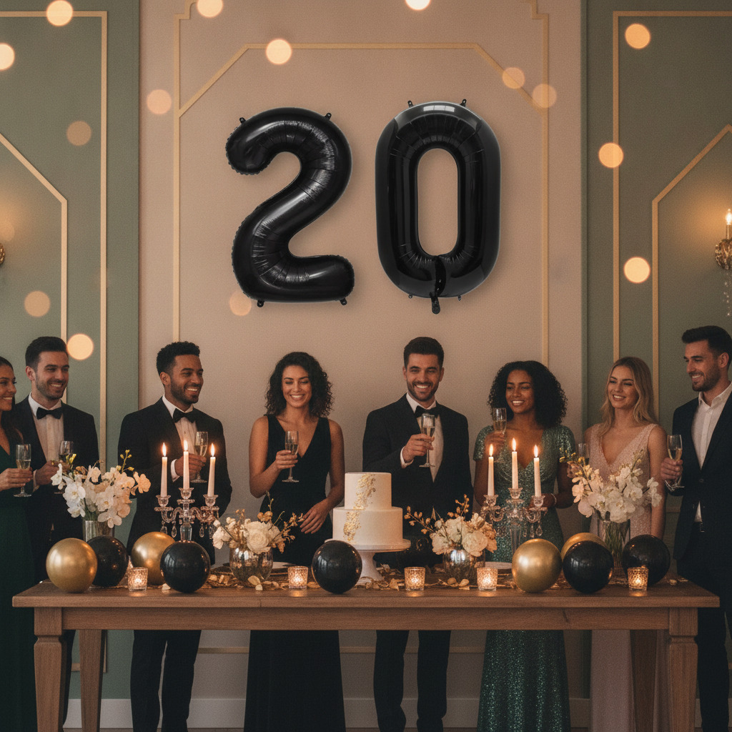 Black 20th birthday party decoration with number balloons