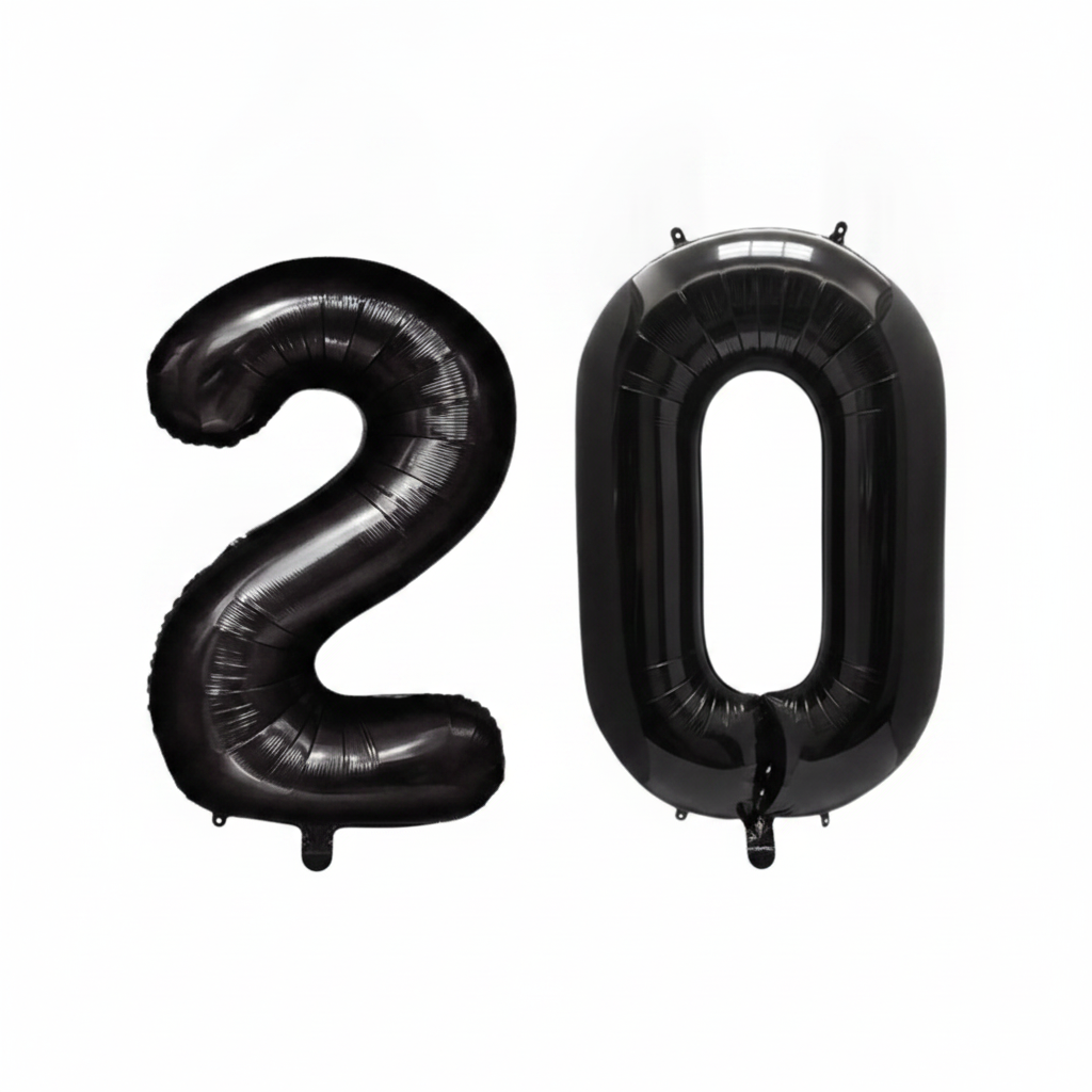 Black 20th birthday number balloons 40 inch foil set