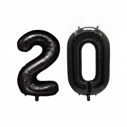 Black 20th birthday number balloons 40 inch foil set
