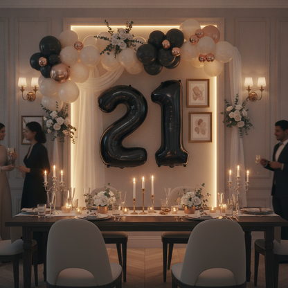 Black 21st birthday party decoration with number balloons